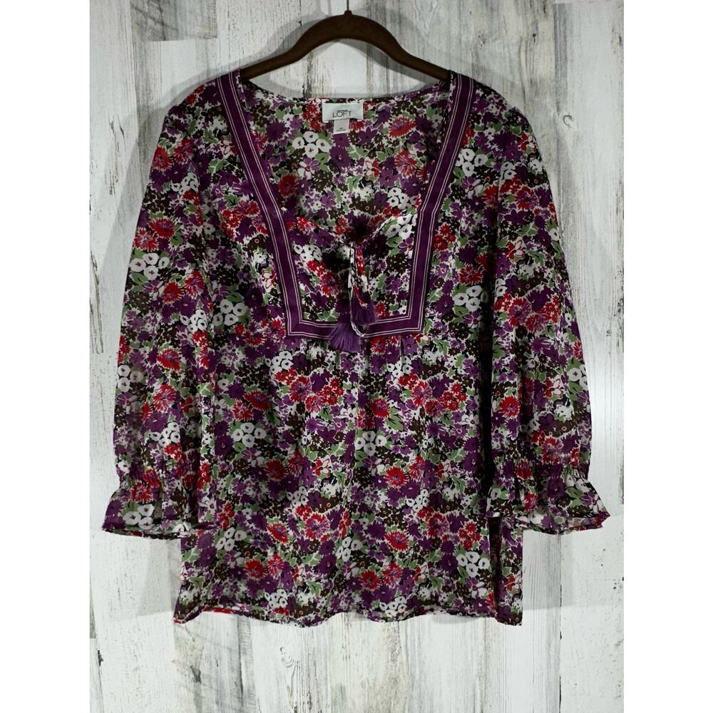 Ann Taylor Loft Floral Top Medium (Small) Semi Sheer Tassels 3/4 Ruffled Sleeves